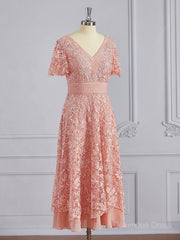 A-Line/Princess V-neck Tea-Length Chiffon Mother of the Bride Dresses With Appliques Lace outfit, Prom Dress 3 29 Sleeves