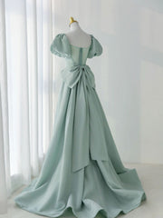 A-Line Puff Sleeves Green Long Corset Prom Dress, Green Corset Formal Dress outfit, Evening Dresses