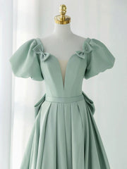 A-Line Puff Sleeves Green Long Corset Prom Dress, Green Corset Formal Dress outfit, Evening Dresses Velvet