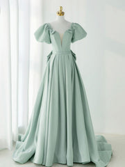 A-Line Puff Sleeves Green Long Corset Prom Dress, Green Corset Formal Dress outfit, Evening Dress Maxi Long Sleeve