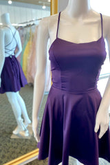 A-Line Purple Lace-Up Short Satin Corset Homecoming Dresses outfit, Homecoming Dress Pretty