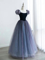 A-Line Purple Tulle Long Corset Prom Dress, Purple Sweet 16 Dress outfit, Black Wedding Dress