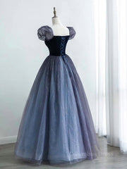 A-Line Purple Tulle Long Corset Prom Dress, Purple Sweet 16 Dress outfit, Evening Gown