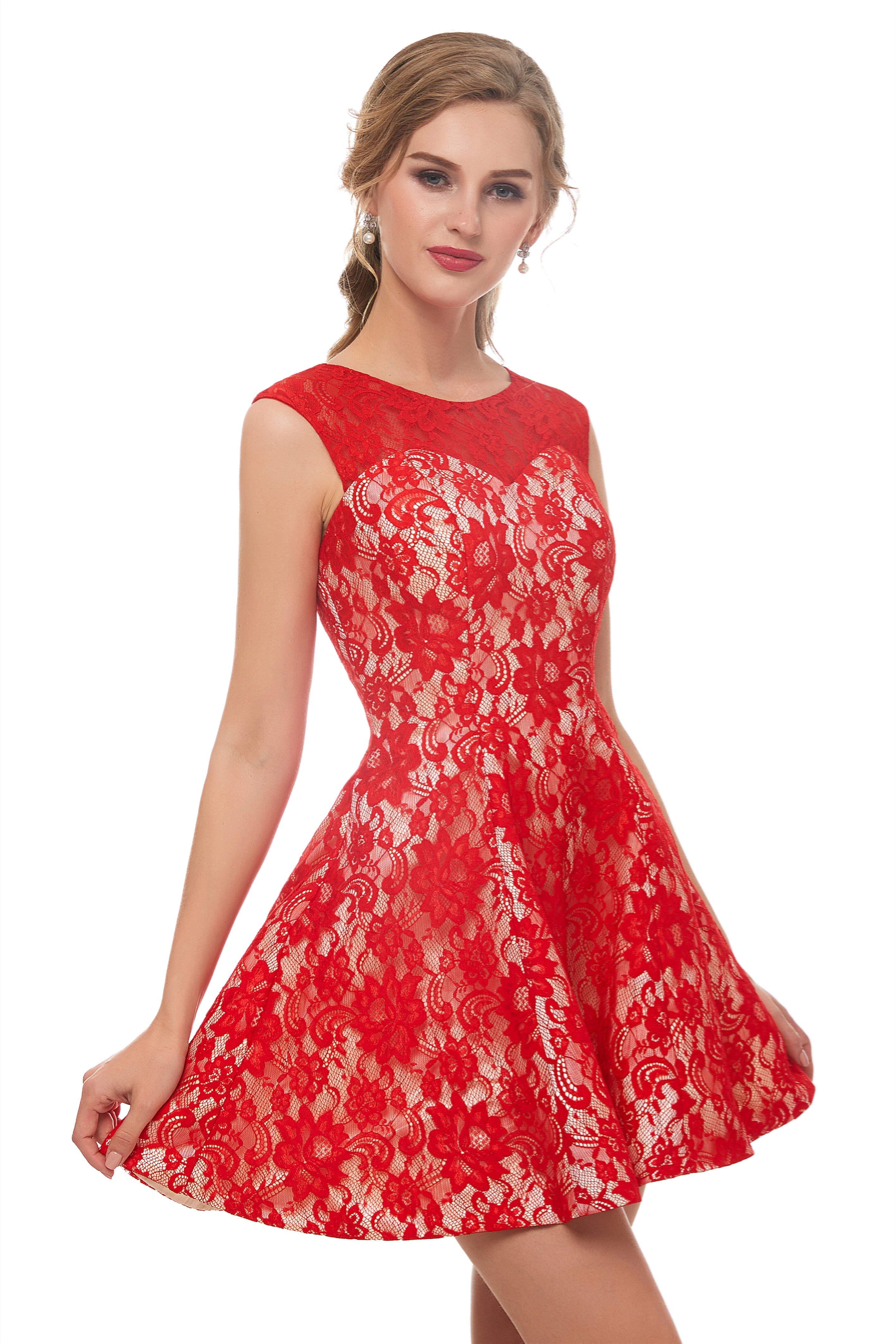 A-Line Red Lace Sleeveless Mini Corset Homecoming Dresses outfit, Evening Dress Knee Length