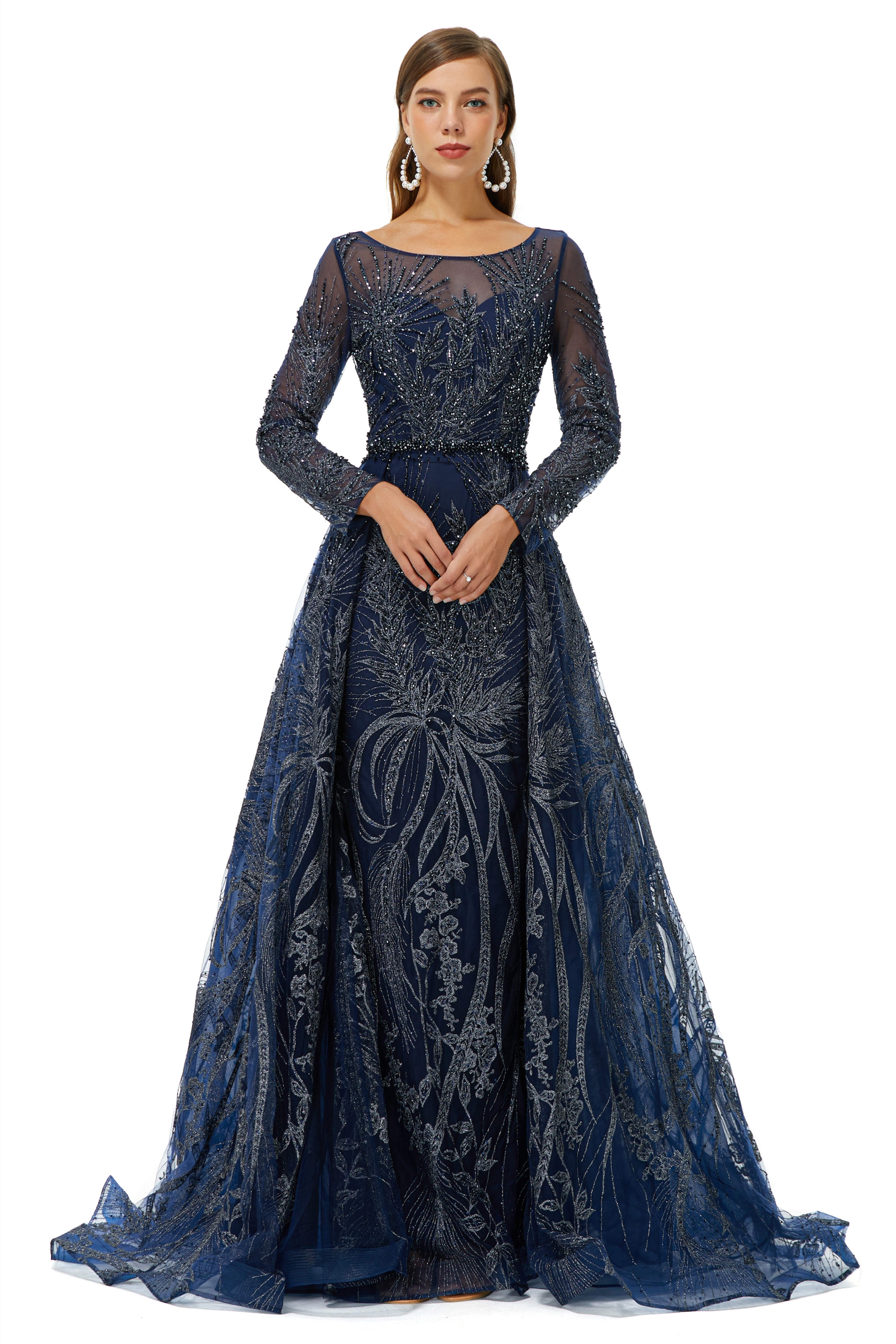 A-line Round Floor-length Long Sleeve Appliques Lace Beaded Corset Prom Dresses outfit, Formal Dress Gowns
