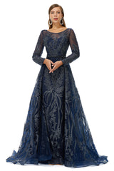 A-line Round Floor-length Long Sleeve Appliques Lace Beaded Corset Prom Dresses outfit, Formal Dress Fashion