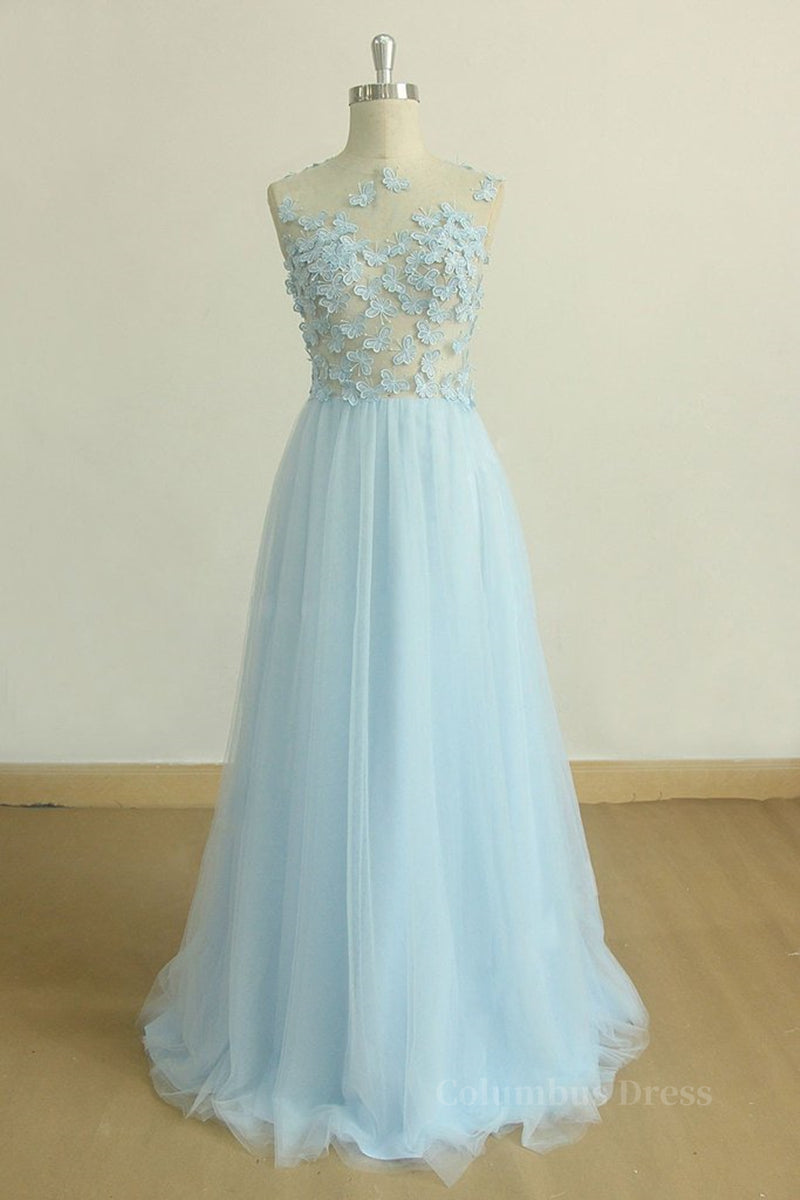 A Line Round Neck Baby Blue Lace Long Corset Prom Dress with Butterfly, Baby Blue Lace Corset Formal Graduation Evening Dress outfit, Maxi Dress Outfit