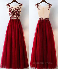A Line Round Neck Burgundy Lace Tulle Long Corset Prom Dress, Burgundy Lace Evening Dress, Burgundy Lace Graduation Dress outfits, Bridesmaid Dresses Summer