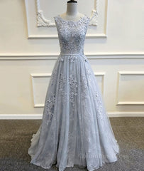 A Line Round Neck Lace Grey Corset Prom Dresses, Lace Grey Corset Formal Dresses outfit, Bridesmaid Dresses Colors