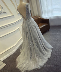 A Line Round Neck Lace Grey Corset Prom Dresses, Lace Grey Corset Formal Dresses outfit, Bridesmaids Dress Color