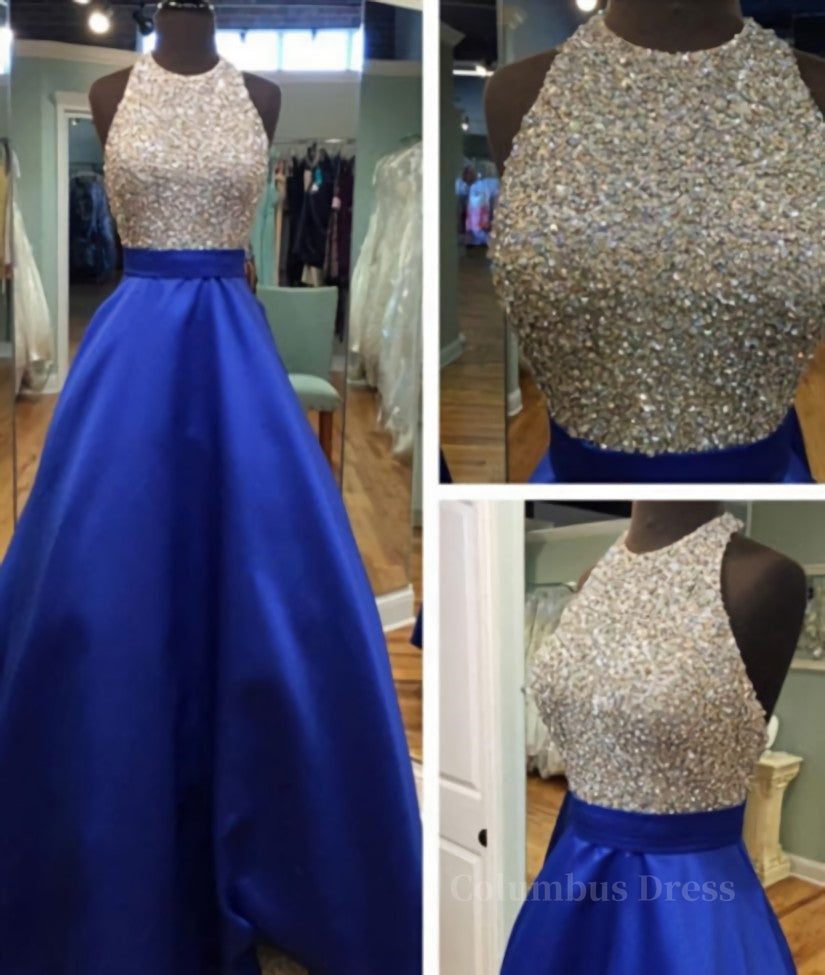 A Line Round Neck Sequins Backless Royal Blue Corset Prom Dresses, Royal Blue Corset Formal Dresses, Backless Royal Blue Evening Dresses outfit, Bridesmaid Dresses Cheap