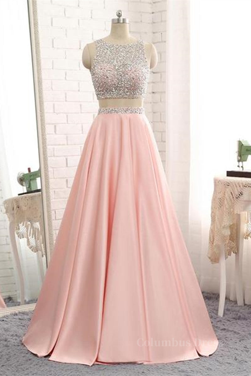A Line Round Neck Two Pieces Beaded Pink Corset Prom Dresses, Two Pieces Pink Corset Formal Dresses, Pink Evening Dresses outfit, Bridesmaids Dresses Spring