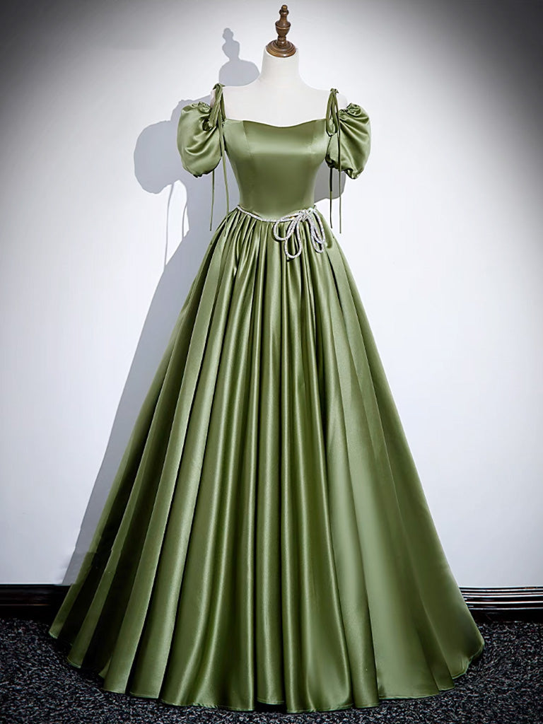 A-Line Satin Green Long Corset Prom Dress, Green Corset Formal Evening Dress outfit, Flowy Prom Dress