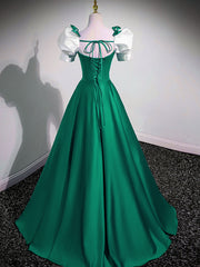 A-Line Satin Green Long Corset Prom Dresses, Green A-Line Corset Formal Dresses outfit, Prom Dresses Store