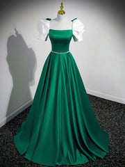 A-Line Satin Green Long Corset Prom Dresses, Green A-Line Corset Formal Dresses outfit, Prom Dress Store