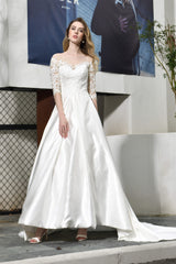 A-Line Satin Lace 3/4 Sleeves Ankle Length Corset Wedding Dresses outfit, Wedding Dress Romantic
