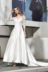 A-Line Satin Lace 3/4 Sleeves Ankle Length Corset Wedding Dresses outfit, Wedding Dress Under