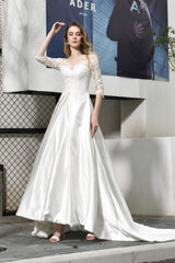 A-Line Satin Lace 3/4 Sleeves Ankle Length Corset Wedding Dresses outfit, Wedding Dresses Chic