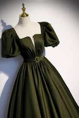 A-Line Satin Long Corset Prom Dress, Dark Green Short Sleeve Evening Graduation Dress outfits, Evening Dresses Short