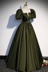 A-Line Satin Long Corset Prom Dress, Dark Green Short Sleeve Evening Graduation Dress outfits, Evening Dresses Boutique