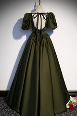 A-Line Satin Long Corset Prom Dress, Dark Green Short Sleeve Evening Graduation Dress outfits, Evening Dresses Elegant