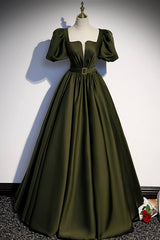 A-Line Satin Long Corset Prom Dress, Dark Green Short Sleeve Evening Graduation Dress outfits, Evening Dresses Store