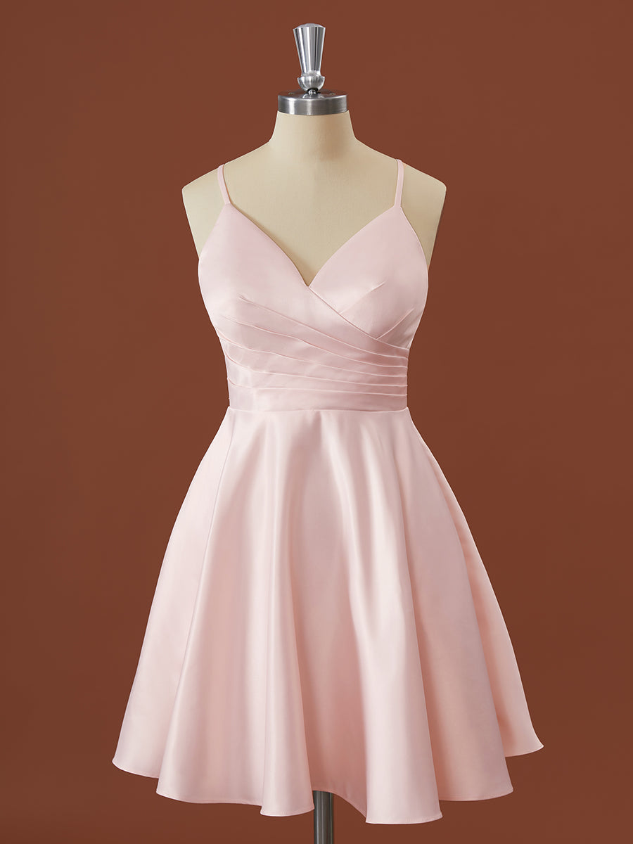 A-line Satin V-neck Pleated Short/Mini Corset Bridesmaid Dress outfit, Chiffon Dress