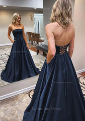 A-line Scalloped Neck Sweep Train Satin Corset Prom Dress With Pockets Gowns, Prom Dresses Boho