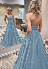 A-line Scalloped Neck Sweep Train Satin Corset Prom Dress With Pockets Gowns, Prom Dress Shops Nearby