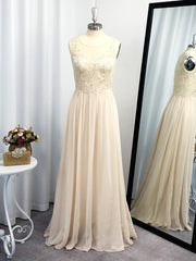 A-line Scoop Appliques Lace Floor-Length Chiffon Dress outfits, Bridesmaid Dresses Short