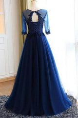 A-line Scoop Neck Dark Blue Long Corset Prom Dresses With Sleeves Gowns, Prom Dresses Bodycon