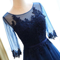 A-line Scoop Neck Dark Blue Long Corset Prom Dresses With Sleeves Gowns, Prom Dress Bodycon