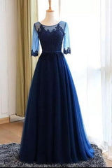 A-line Scoop Neck Dark Blue Long Corset Prom Dresses With Sleeves Gowns, Prom Dress Pink