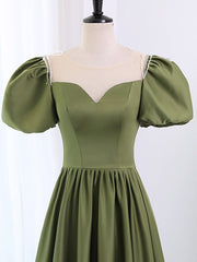 A-Line Scoop Neckline Puff Sleeves Satin Long Green Corset Prom Dress, Green Corset Formal Dress outfit, Evening Dress Wedding