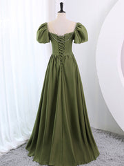 A-Line Scoop Neckline Puff Sleeves Satin Long Green Corset Prom Dress, Green Corset Formal Dress outfit, Evening Dress Long