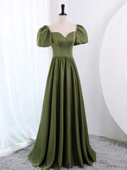 A-Line Scoop Neckline Puff Sleeves Satin Long Green Corset Prom Dress, Green Corset Formal Dress outfit, Evening Dress Boutique