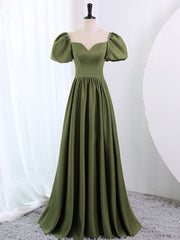 A-Line Scoop Neckline Puff Sleeves Satin Long Green Corset Prom Dress, Green Corset Formal Dress outfit, Evening Dresses Wedding