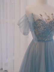 A-Line Scoop Neckline Tulle Gray Blue Long Corset Prom Dress with Sequin Gowns, Quince Dress