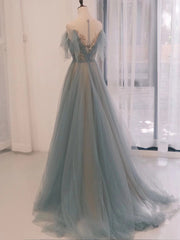 A-Line Scoop Neckline Tulle Gray Blue Long Corset Prom Dress with Sequin Gowns, Green Dress