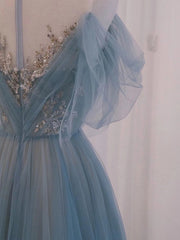 A-Line Scoop Neckline Tulle Gray Blue Long Corset Prom Dress with Sequin Gowns, Floral Dress