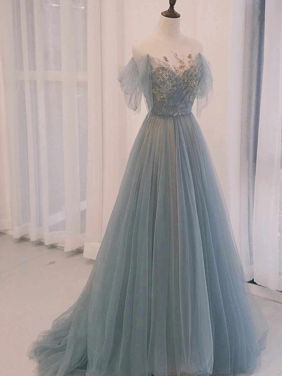 A-Line Scoop Neckline Tulle Gray Blue Long Corset Prom Dress with Sequin Gowns, Short Dress