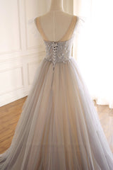 A-Line Scoop Neckline Tulle Long Corset Prom Dress with Beaded, Evening Party Dress Outfits, Prom Dress Off The Shoulder