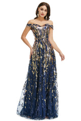 A Line Sequins Off the Shoulder Long Corset Prom Dresses outfit, Homecoming Dresses