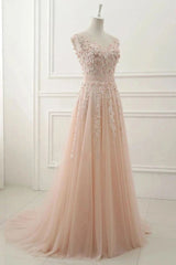 A Line Sheer Neck Cap Sleeves Tulle Corset Prom Dresses With Appliques Gowns, Prom Dresses Modest