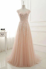A Line Sheer Neck Cap Sleeves Tulle Corset Prom Dresses With Appliques Gowns, Prom Dresse Backless