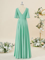 A-line Short Sleeves Chiffon V-neck Pleated Floor-Length Corset Bridesmaid Dress outfit, Homecoming Dress Long