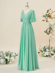 A-line Short Sleeves Chiffon V-neck Pleated Floor-Length Corset Bridesmaid Dress outfit, Homecomeing Dresses Long