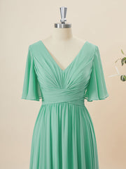 A-line Short Sleeves Chiffon V-neck Pleated Floor-Length Corset Bridesmaid Dress outfit, Homecomming Dresses Long