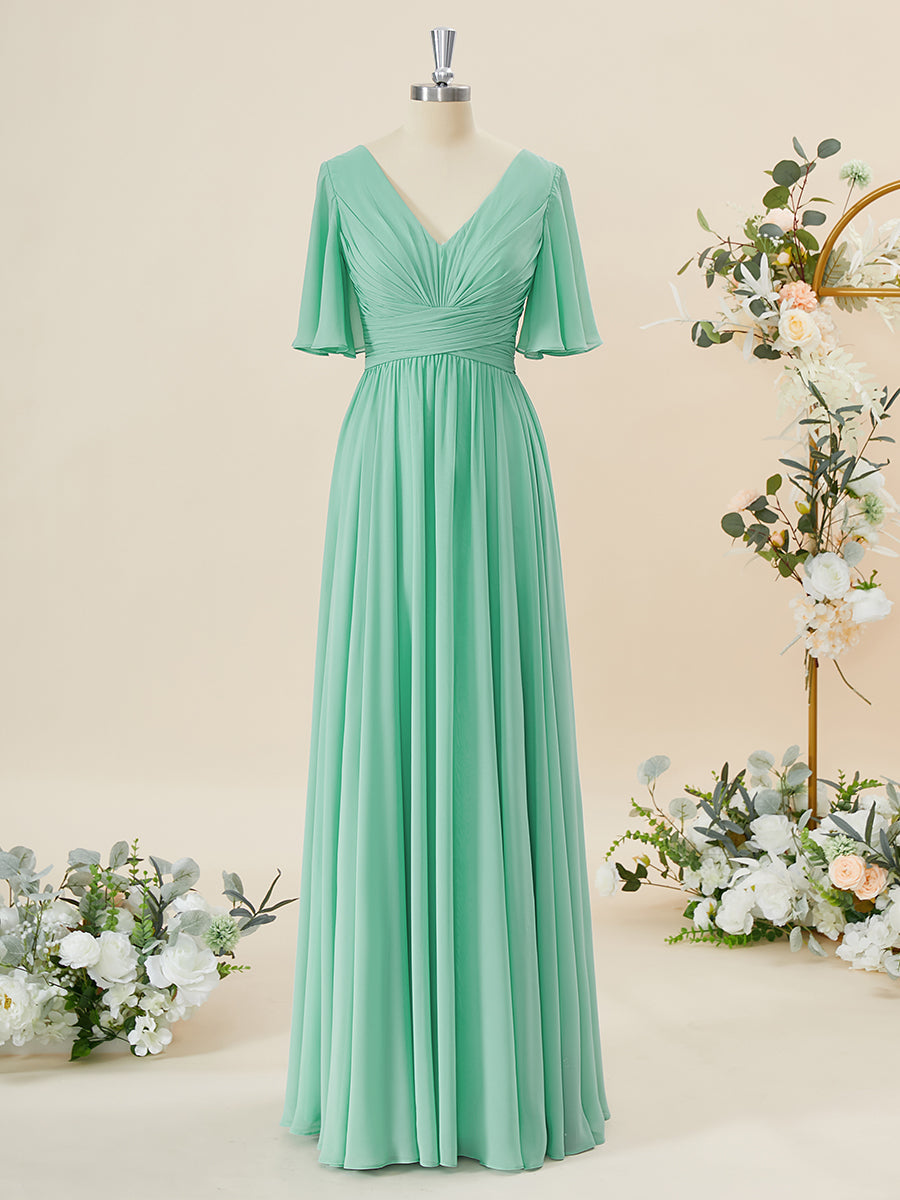 A-line Short Sleeves Chiffon V-neck Pleated Floor-Length Corset Bridesmaid Dress outfit, Homecomming Dresses Short