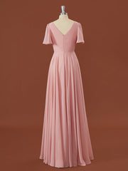A-line Short Sleeves Chiffon V-neck Pleated Floor-Length Corset Bridesmaid Dress outfit, Formal Dress For Teens